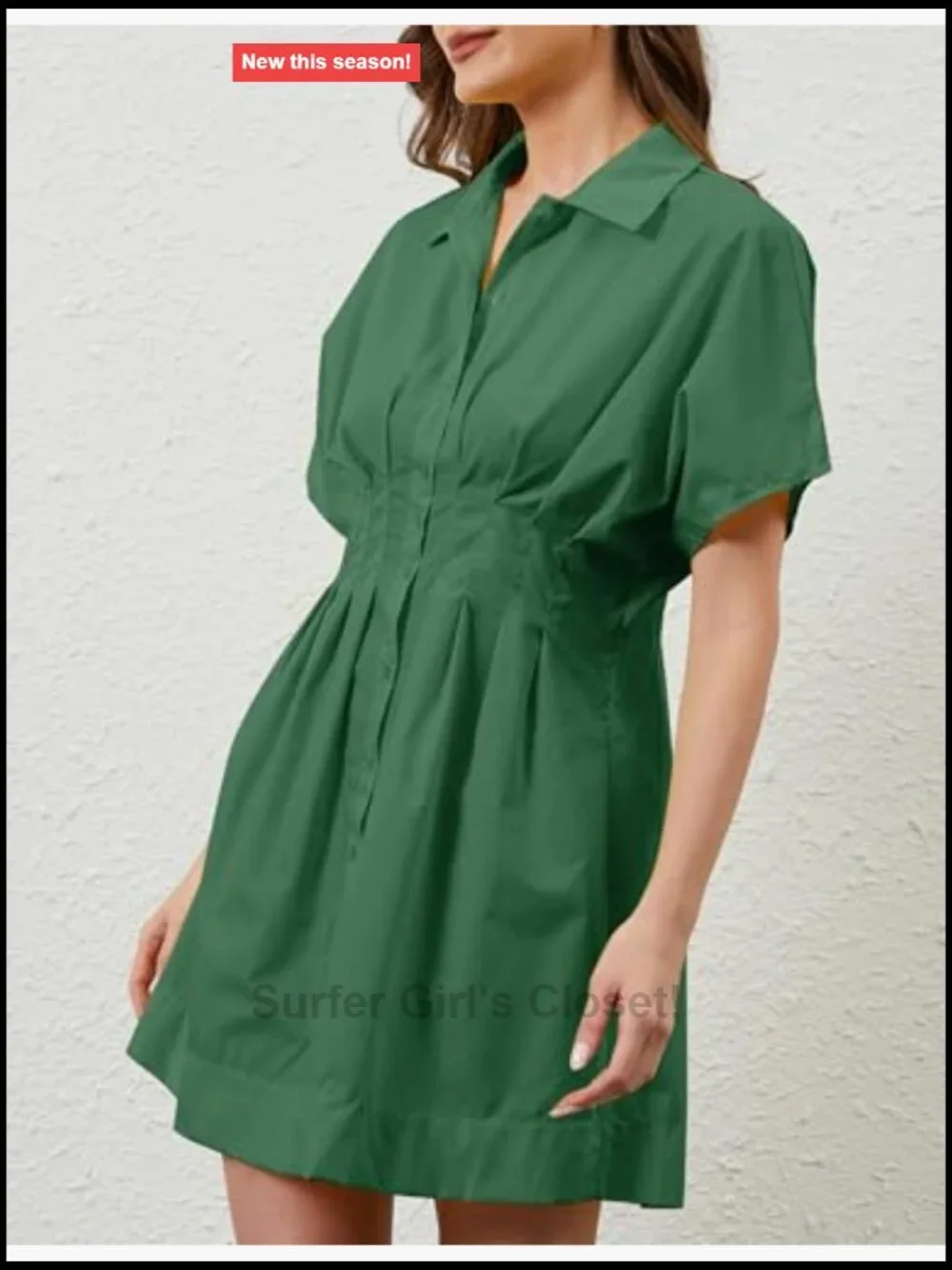 Pleated Button Down Shirt Dress Short Sleeve Mini A-Line